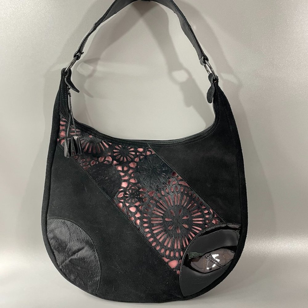 Longchamp Limited Edition Black Suede, Patent Leather, & Fur Cut-out Floral Hobo